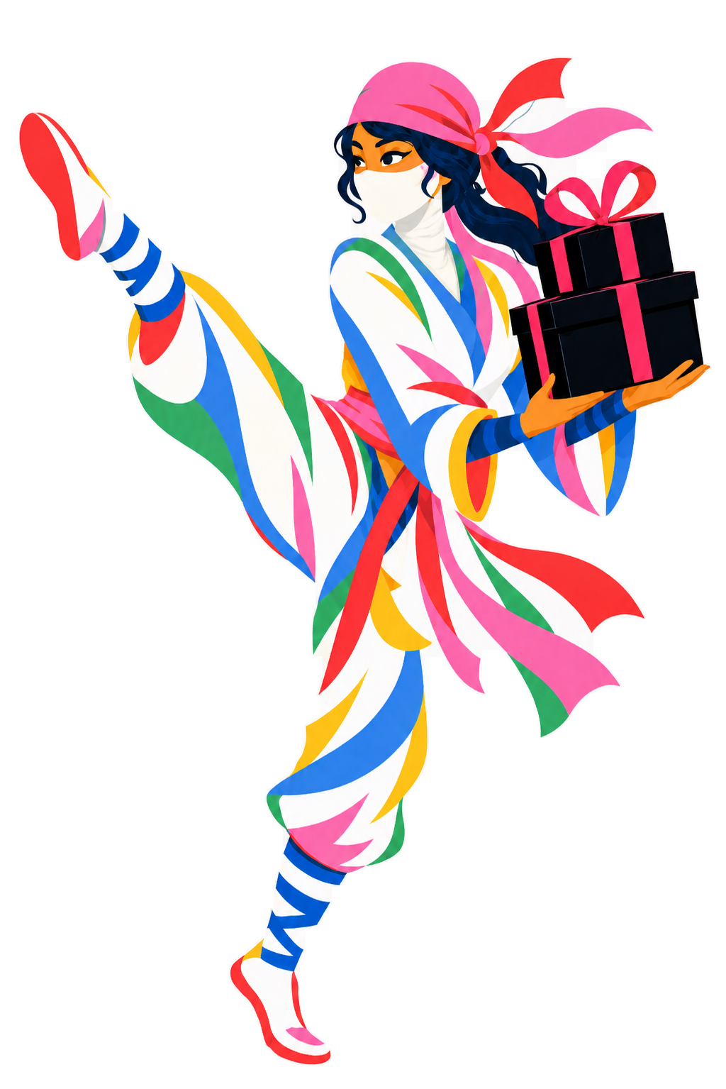 A ninja mid-kick, holding a wrapped gift